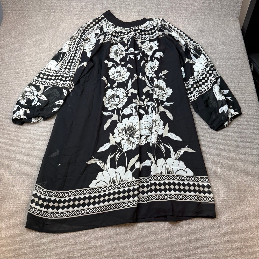 MSRP $89 Sam and Jess Womens XL Rich Black Floral Shift Dress Mock Neck 3/4 Slee